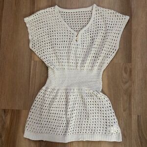 Cream Knit Babydoll Cinched Waist Boho Hippie Crochet Top Medium coverup beach